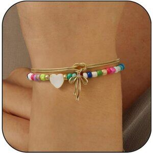 Gold bow bracelet set dainty colorful heart beaded rainbow boho stack jewelry gi
